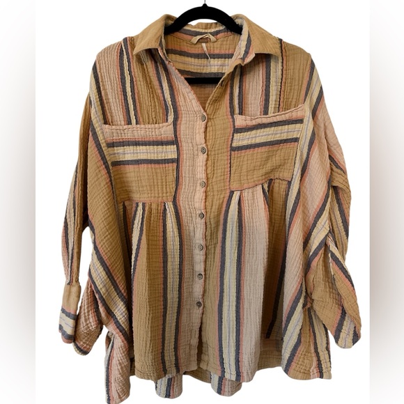 FREE PEOPLE STRIPED GAUZE BUTTON DOWN BLOUSE BOHO OVERSIZED TUNIC TOP SIZE XS - Picture 1 of 5
